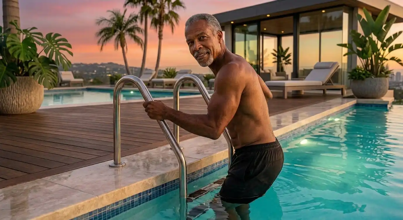 Marco getting out of the pool