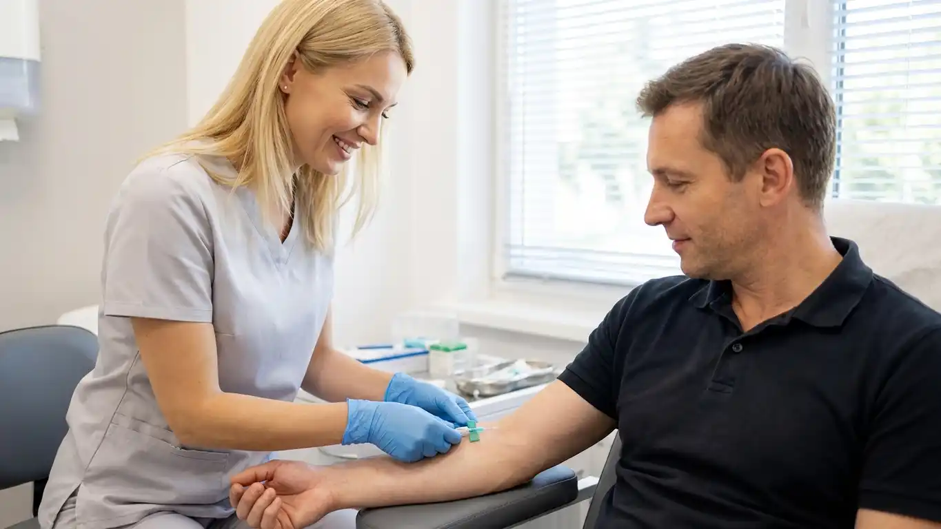 Nurse performing labs for Larry